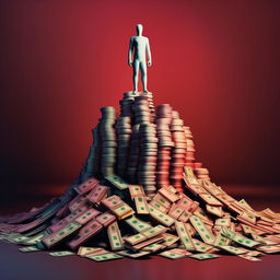 An anonymous man standing atop a pile of money in harmonious colors