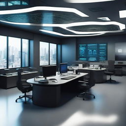 A high-tech and sleek office of an elite intelligence agency