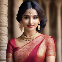 A beautiful Indian woman wearing a traditional saree with a blouse