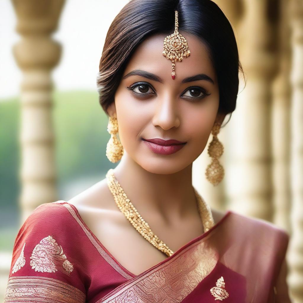 A beautiful Indian woman wearing a traditional saree with a blouse