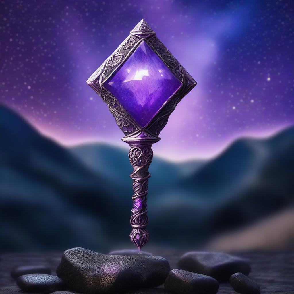 A magical stone scepter with a floating stone on top, surrounded by a mystical purple aura