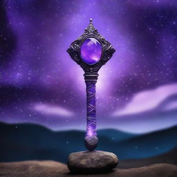 A magical stone scepter with a floating stone on top, surrounded by a mystical purple aura