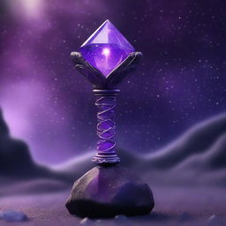 A magical stone scepter with a floating stone on top, surrounded by a mystical purple aura