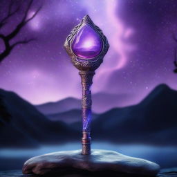 A magical stone scepter with a floating stone on top, surrounded by a mystical purple aura