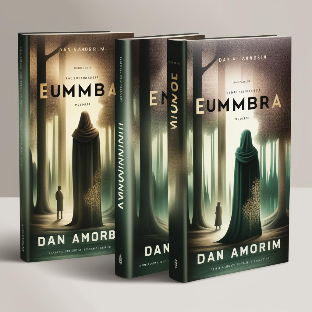 A book cover for a novel titled 'Emumbra' by Dan Amorim featuring a dark, enchanted forest with a cloaked figure, elegant gold lettering for the title and author's name, and a rich, dark color palette