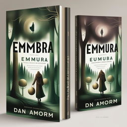 A book cover for a novel titled 'Emumbra' by Dan Amorim featuring a dark, enchanted forest with a cloaked figure, elegant gold lettering for the title and author's name, and a rich, dark color palette