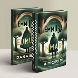 A book cover for a novel titled 'Emumbra' by Dan Amorim featuring a dark, enchanted forest with a cloaked figure, elegant gold lettering for the title and author's name, and a rich, dark color palette