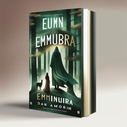 A book cover for a novel titled 'Emumbra' by Dan Amorim featuring a dark, enchanted forest with a cloaked figure, elegant gold lettering for the title and author's name, and a rich, dark color palette