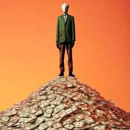 An anonymous man standing atop a pile of money in harmonious colors