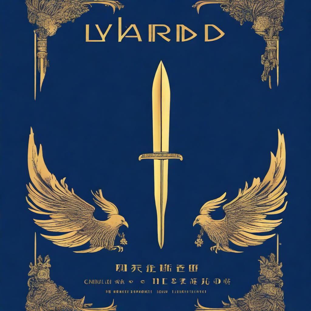 A book cover design with a dark blue background and golden features