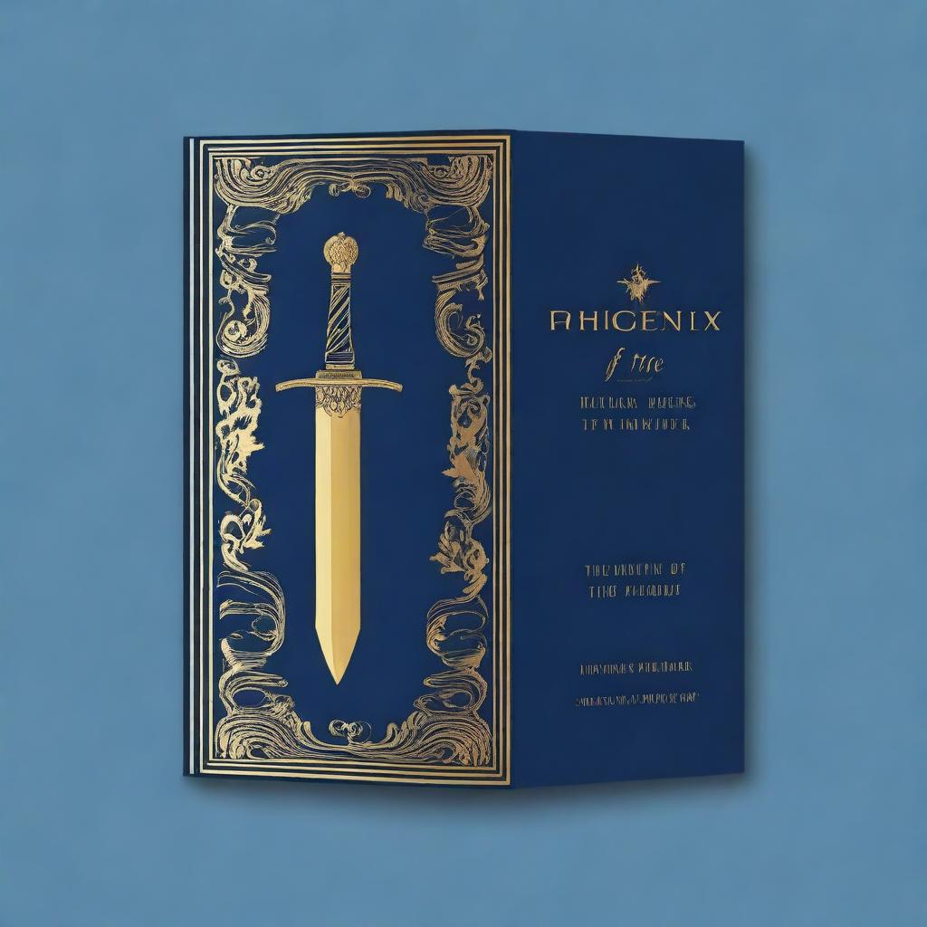 A book cover design with a dark blue background and golden features