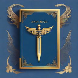 A book cover design with a dark blue background and golden features