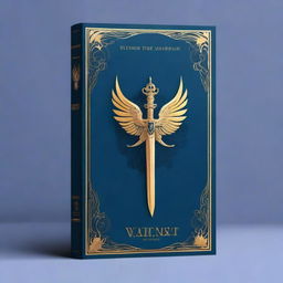 A book cover design with a dark blue background and golden features