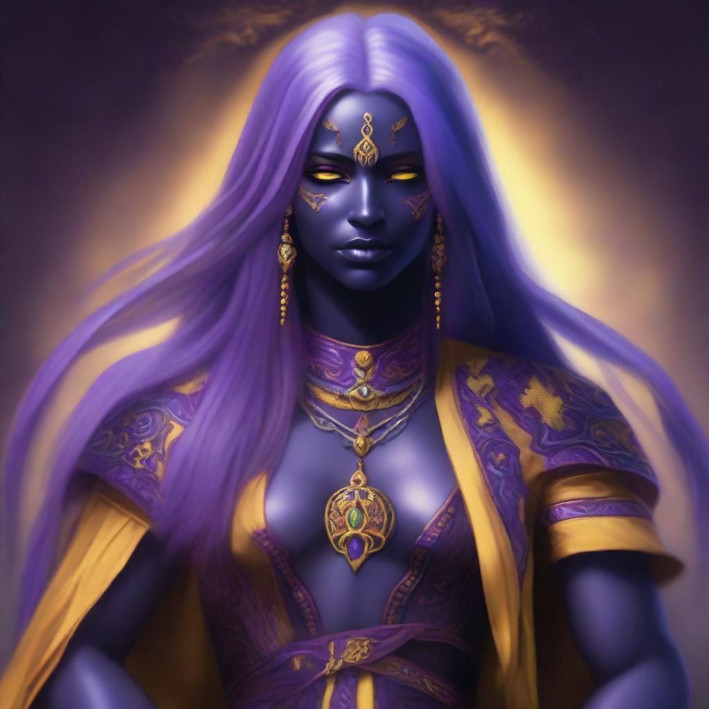 A drow with long purple hair and striking yellow eyes, dressed in colorful and vibrant clothing