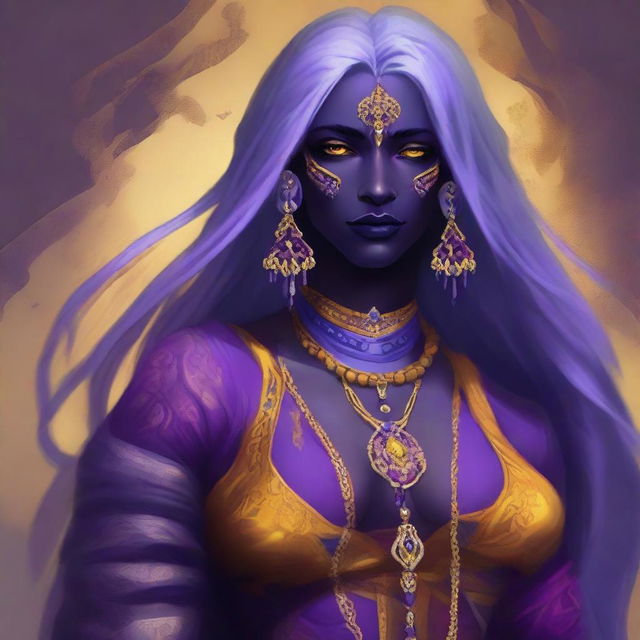 A drow with long purple hair and striking yellow eyes, dressed in colorful and vibrant clothing