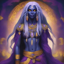 A drow with long purple hair and striking yellow eyes, dressed in colorful and vibrant clothing