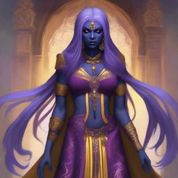 A drow with long purple hair and striking yellow eyes, dressed in colorful and vibrant clothing