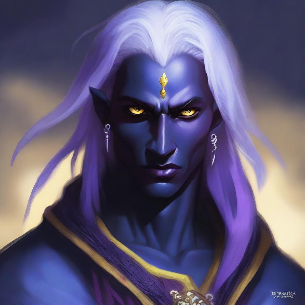 A young male drow with purple and white hair, wearing blue clothing and having striking yellow eyes