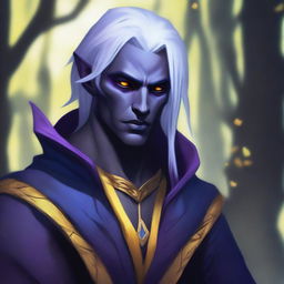 A young male drow with purple and white hair, wearing blue clothing and having striking yellow eyes