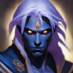 A young male drow with purple and white hair, wearing blue clothing and having striking yellow eyes