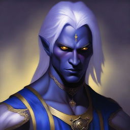 A young male drow with purple and white hair, wearing blue clothing and having striking yellow eyes