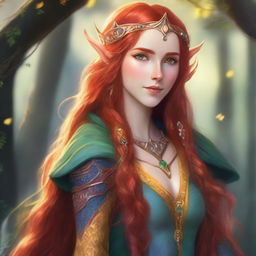 A young elven female with long red hair and striking yellow eyes, dressed in colorful and vibrant clothing