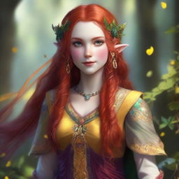 A young elven female with long red hair and striking yellow eyes, dressed in colorful and vibrant clothing