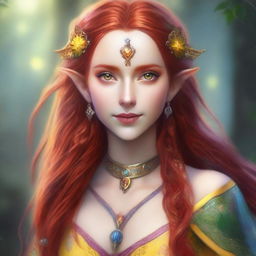 A young elven female with long red hair and striking yellow eyes, dressed in colorful and vibrant clothing