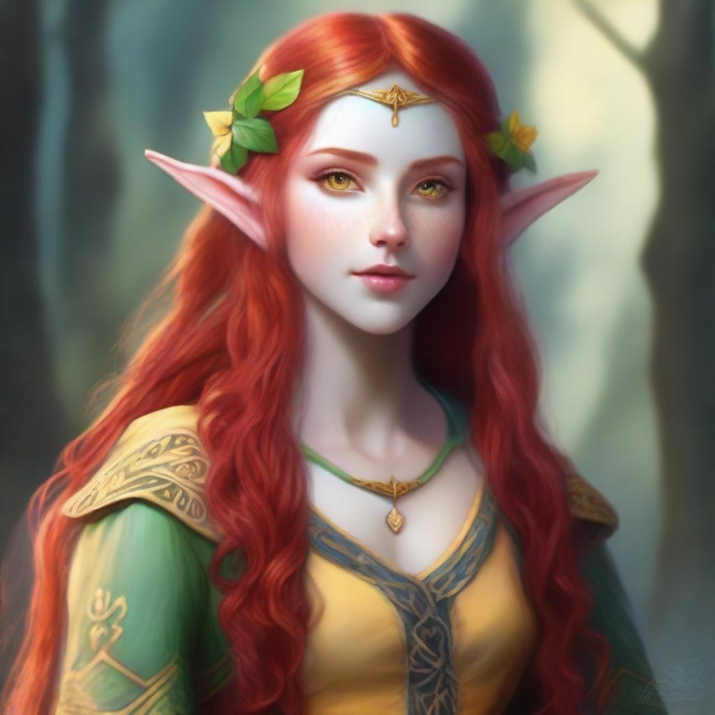 A young elven female with long red hair and striking yellow eyes, dressed in colorful and vibrant clothing