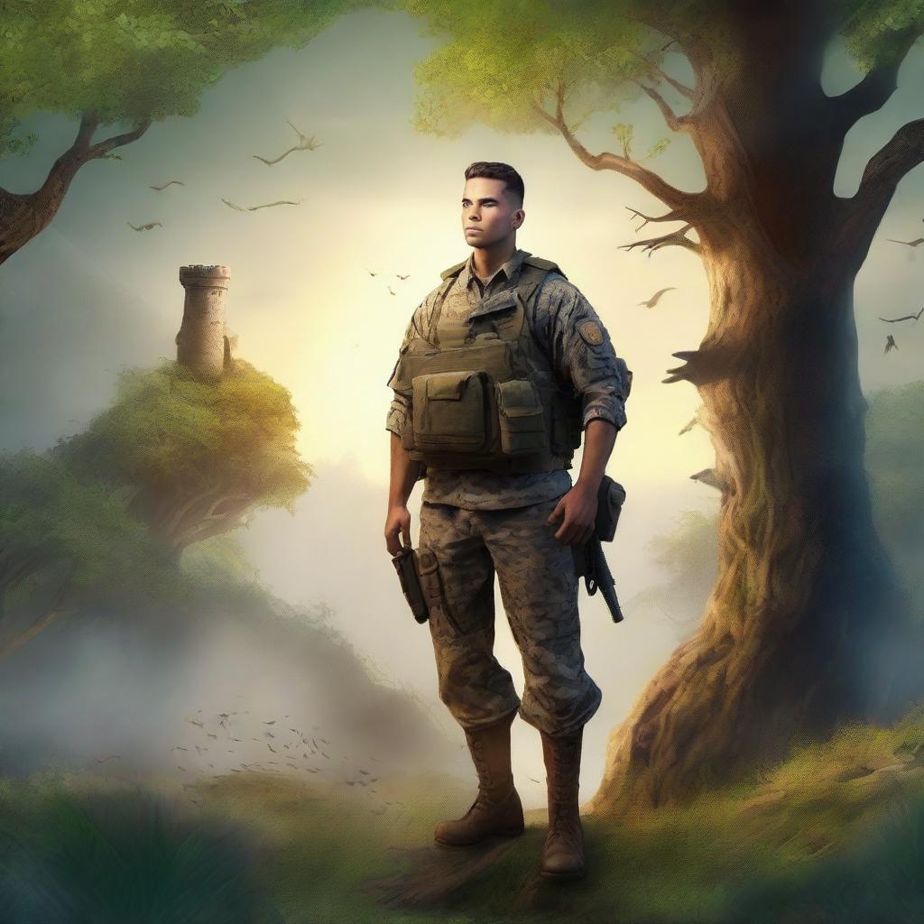 Create a book cover for a story about an American soldier who finds himself in a fantasy world