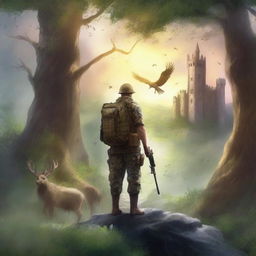 Create a book cover for a story about an American soldier who finds himself in a fantasy world