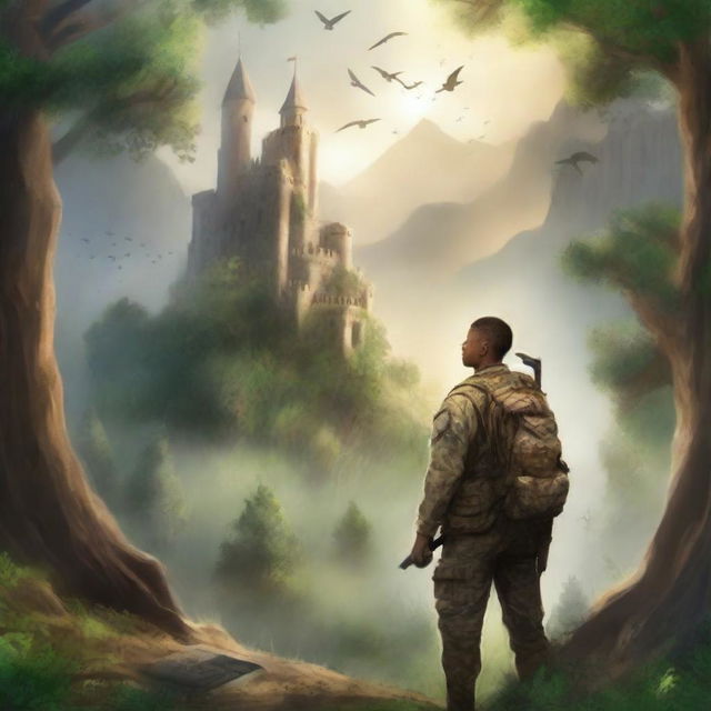 Create a book cover for a story about an American soldier who finds himself in a fantasy world