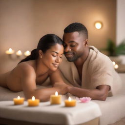 A serene and inviting spa setting featuring a couple enjoying a relaxing aroma massage