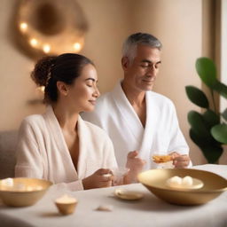 A serene and inviting spa setting featuring a couple enjoying a relaxing aroma massage