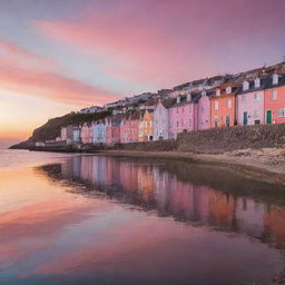 A vibrant sunrise scene over a peaceful seaside town, the first rays of light illuminating the quaint houses and the calm, rippling sea, the sky painted in hues of pink and orange, signifying a new beginning.