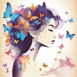 A woman in profile with floral patterns and butterflies emerging from her hair and clothing, symbolizing metamorphosis and newfound freedom