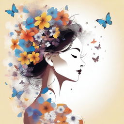 A woman in profile with floral patterns and butterflies emerging from her hair and clothing, symbolizing metamorphosis and newfound freedom