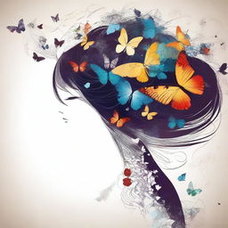 A woman in profile with floral patterns and butterflies emerging from her hair and clothing, symbolizing metamorphosis and newfound freedom