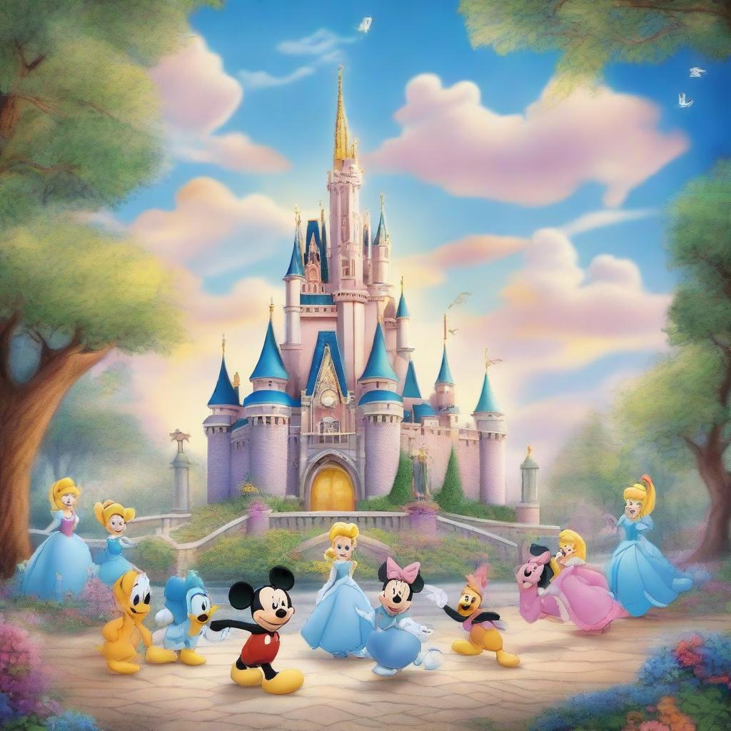 A high-quality image of Magic Kingdom featuring Cinderella's Castle and iconic Disney characters like Mickey Mouse, Minnie Mouse, Donald Duck, and Goofy