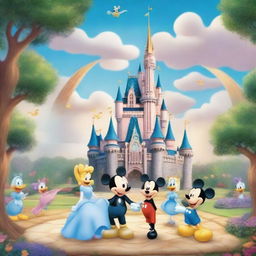 A high-quality image of Magic Kingdom featuring Cinderella's Castle and iconic Disney characters like Mickey Mouse, Minnie Mouse, Donald Duck, and Goofy