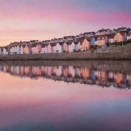 A vibrant sunrise scene over a peaceful seaside town, the first rays of light illuminating the quaint houses and the calm, rippling sea, the sky painted in hues of pink and orange, signifying a new beginning.