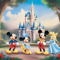 A high-quality image of Magic Kingdom featuring Cinderella's Castle and iconic Disney characters like Mickey Mouse, Minnie Mouse, Donald Duck, and Goofy