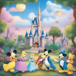 A high-quality image of Magic Kingdom featuring Cinderella's Castle and iconic Disney characters like Mickey Mouse, Minnie Mouse, Donald Duck, and Goofy