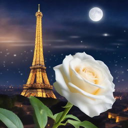 A beautiful white rose in full bloom set against the backdrop of a night sky with twinkling stars