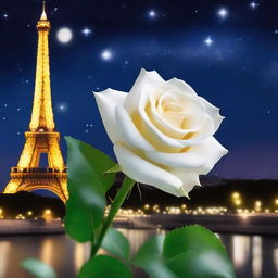 A beautiful white rose in full bloom set against the backdrop of a night sky with twinkling stars