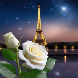 A beautiful white rose in full bloom set against the backdrop of a night sky with twinkling stars