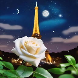 A beautiful white rose in full bloom set against the backdrop of a night sky with twinkling stars