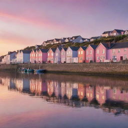 A vibrant sunrise scene over a peaceful seaside town, the first rays of light illuminating the quaint houses and the calm, rippling sea, the sky painted in hues of pink and orange, signifying a new beginning.