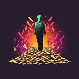 A logo featuring an anonymous man standing atop a pile of money, rendered in harmonious colors