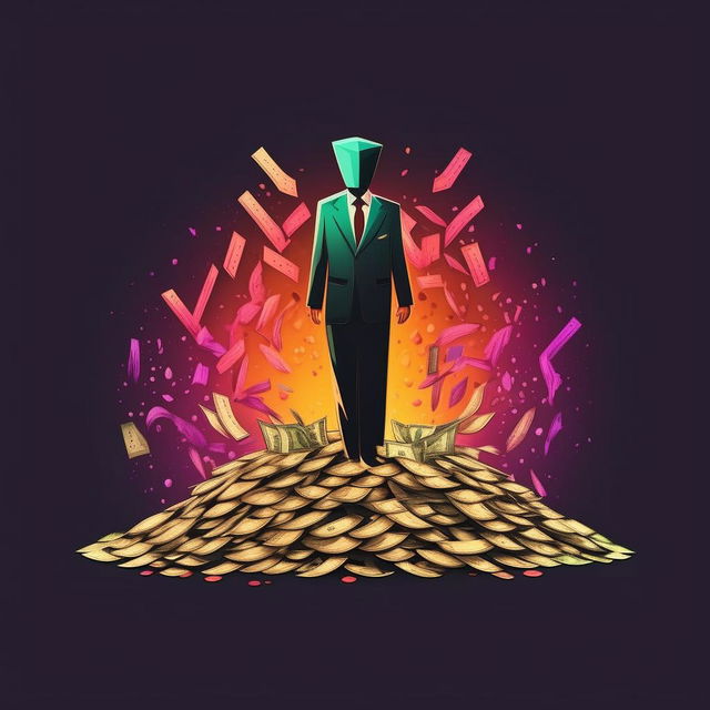 A logo featuring an anonymous man standing atop a pile of money, rendered in harmonious colors